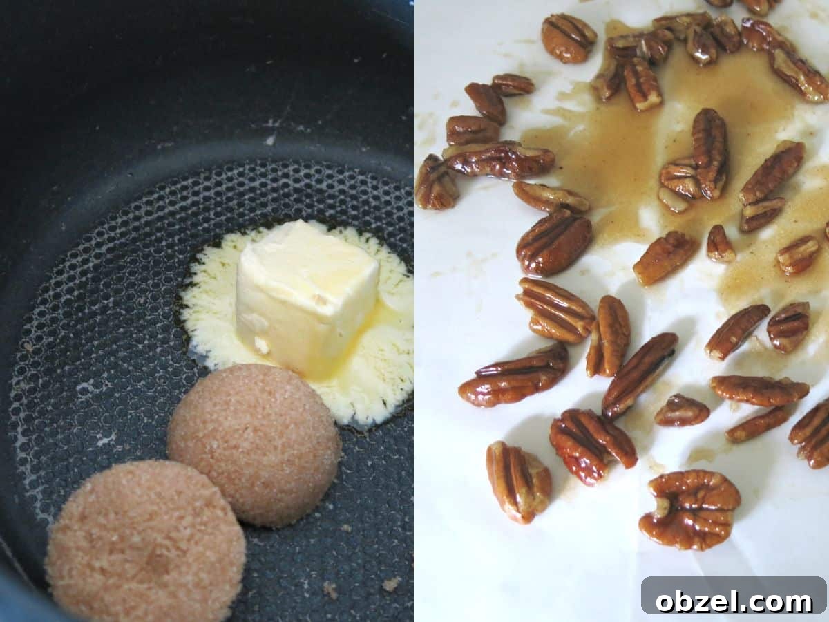 Collage of 2 pictures: butter and brown sugar in pan and coated pecans cooling on wax paper.