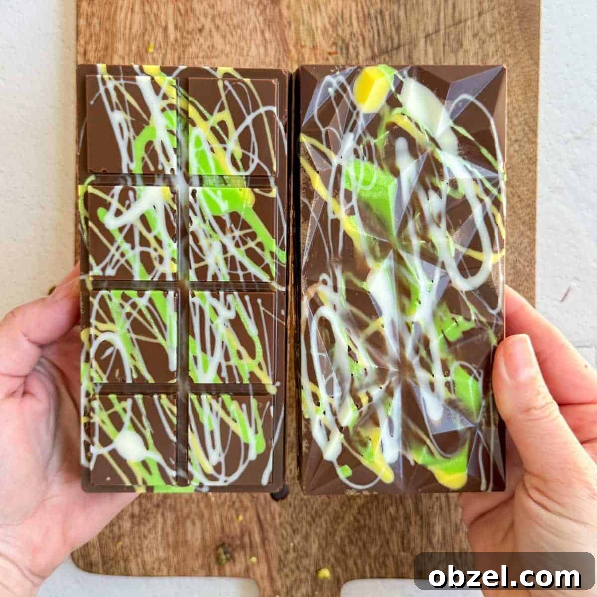 Dubai Chocolate Bar Recipe with Pistachio Knafeh Filling 11 Two Dubai Pistachio Chocolate Bars next to each other.