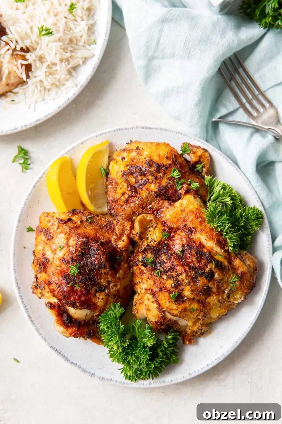 15 Air Fryer Chicken Thigh Recipes for Crispy, Juicy Results 13 3 seasoned chicken pieces, plated with decorative parsley and lemon wedges, with plate of rice in background.