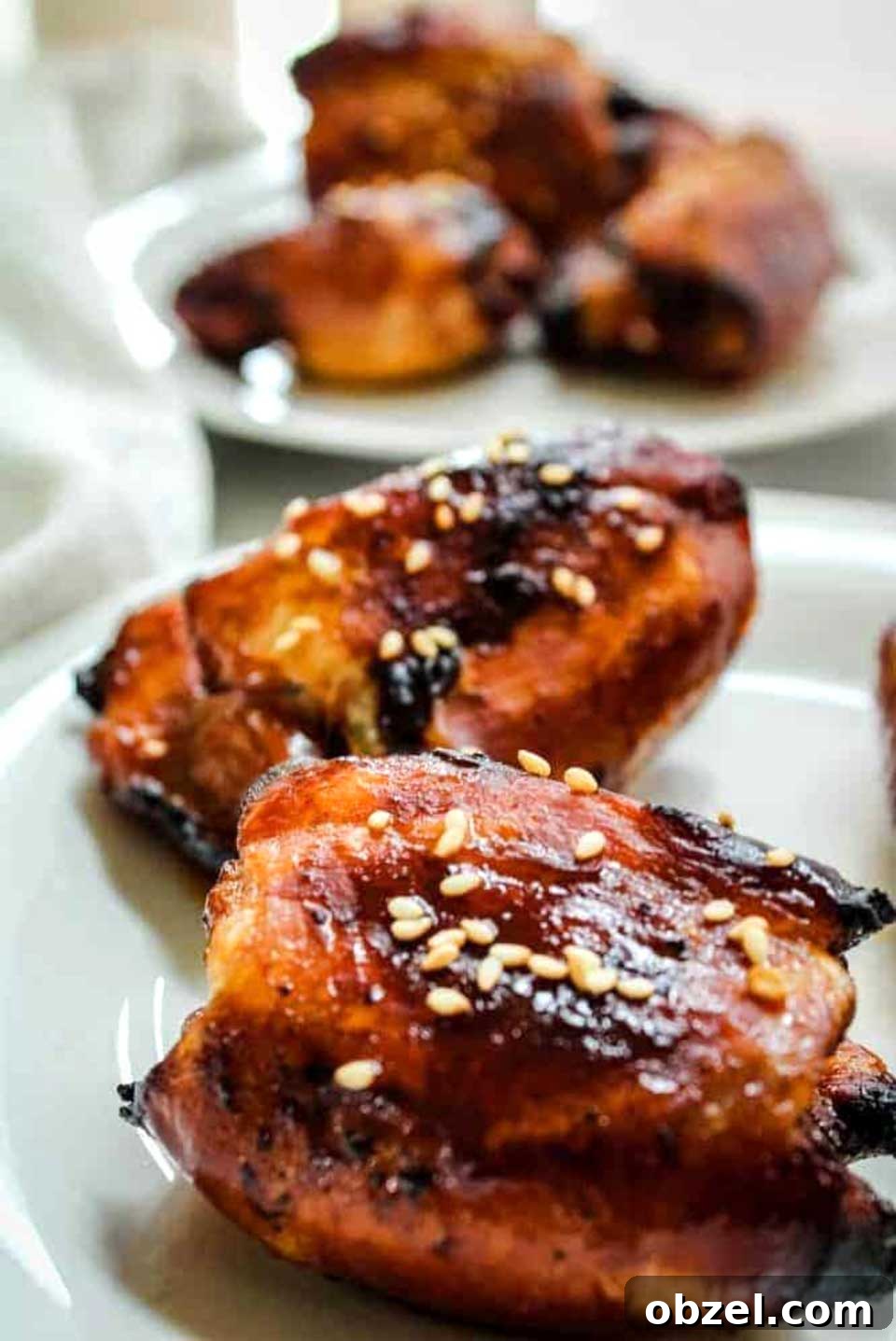 15 Air Fryer Chicken Thigh Recipes for Crispy, Juicy Results 17 Thighs with Honey Soy Marinade, presented on white plates.