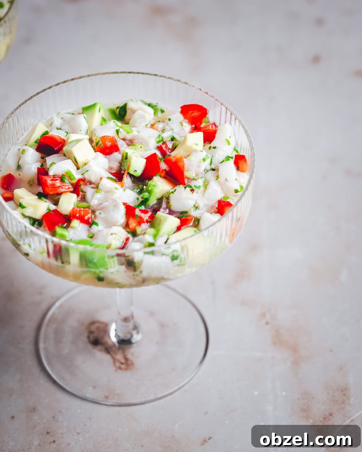 Citrus Scallop Ceviche Recipe with Lime and Fresh Herbs 9 Closeup photo of scallop ceviche in a coupe glass.