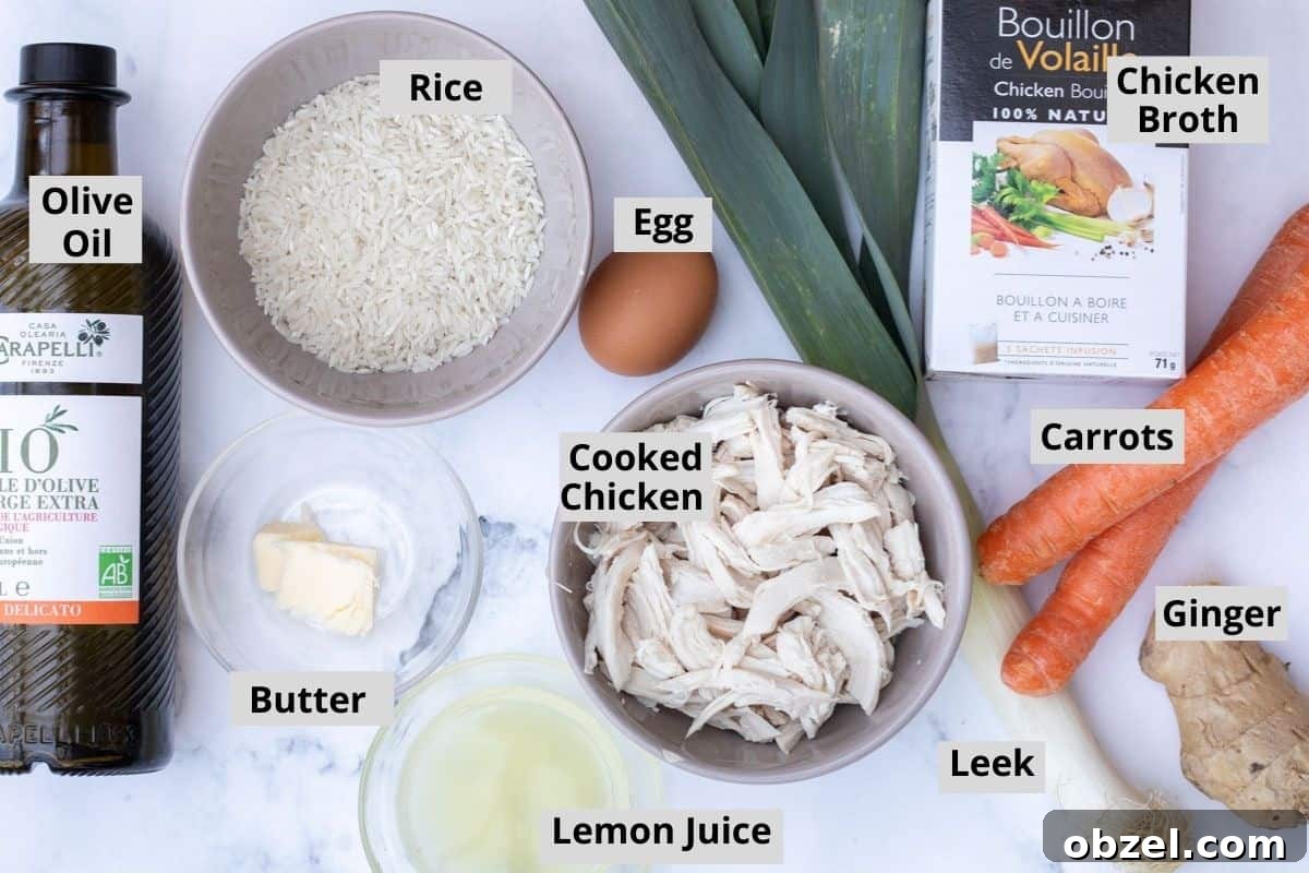 olive oil, butter, lemon juice, chicken, leek, ginger, carrots, chicken broth, egg. and rice