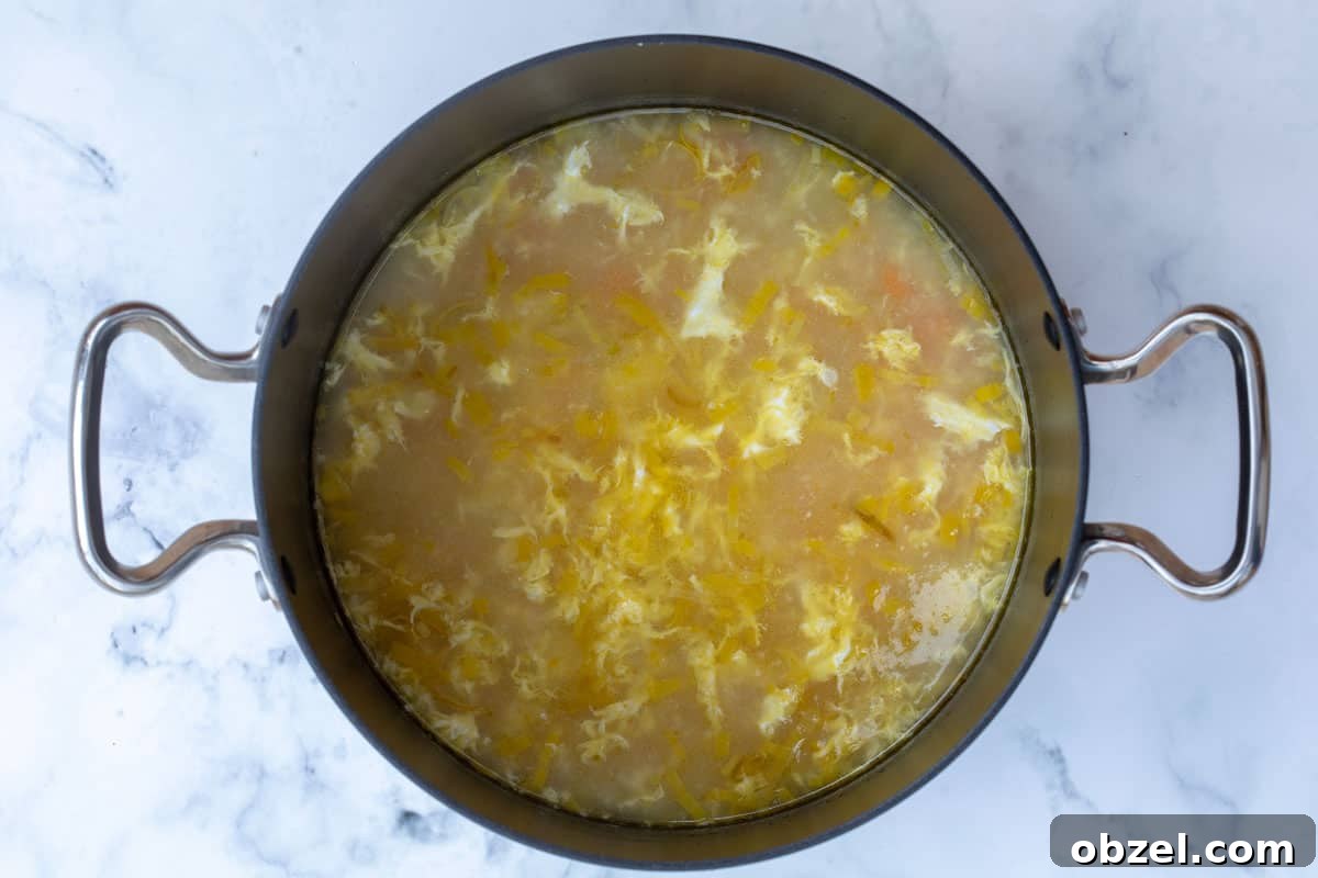 stockpot of chicken soup with rice and lemon after adding egg