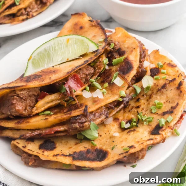 Smash Birria Tacos stacked on a plate and topped with green onions