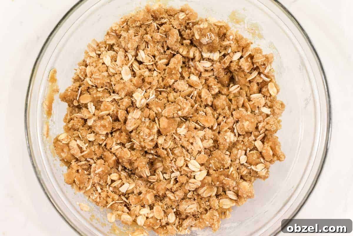 Crumble topping for tart in glass bowl.