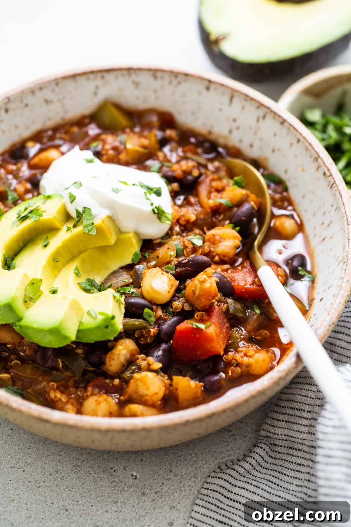 quinoa chili in bowl.