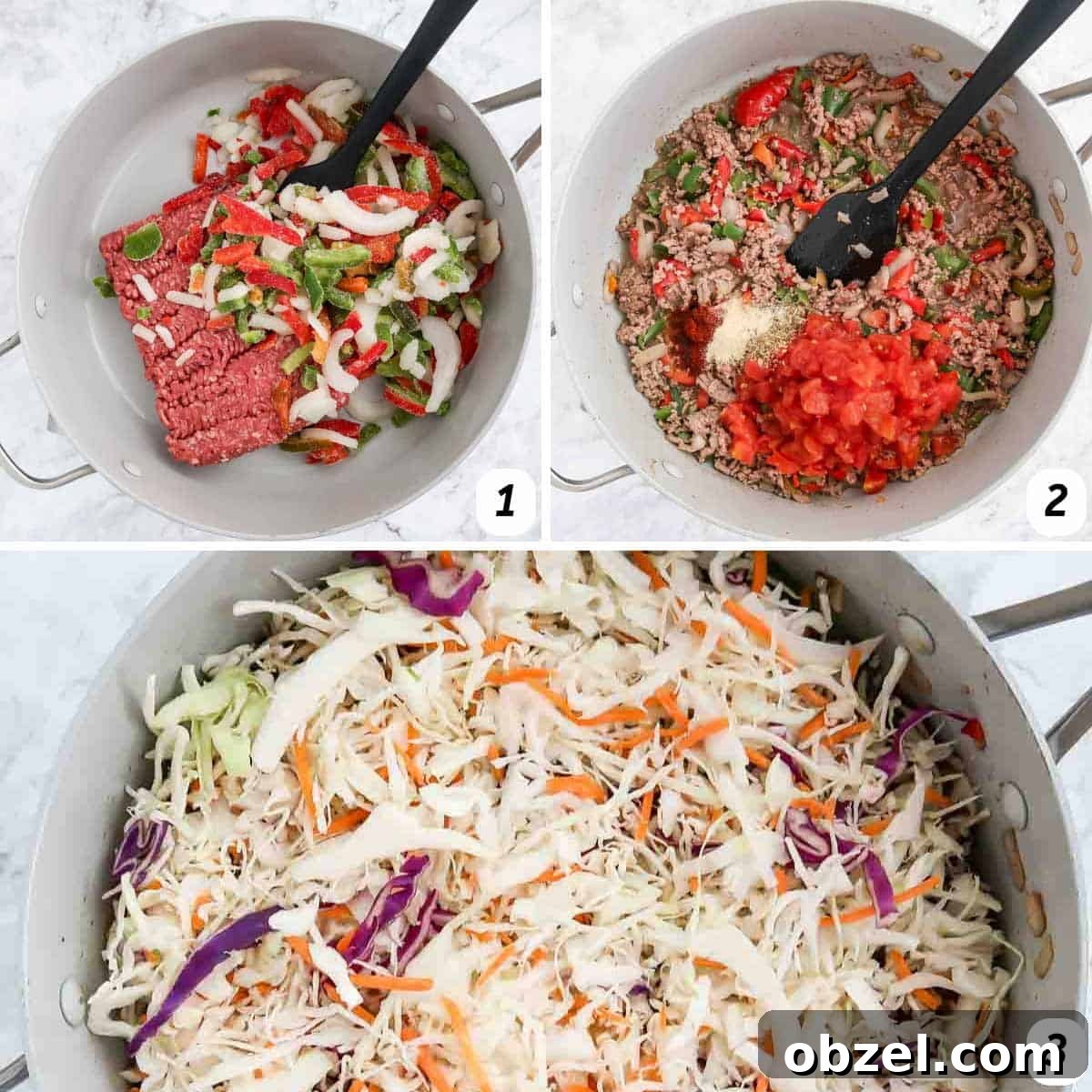 One Skillet Stuffed Cabbage Casserole Recipe 4 Three panel grid of process shots 1-3 - cooking ground beef, peppers, and onions, adding diced tomatoes and seasonings, and adding cabbage.