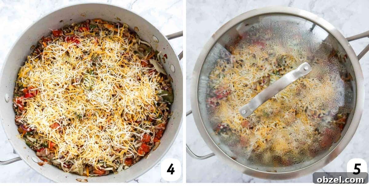 One Skillet Stuffed Cabbage Casserole Recipe 5 Two panel grid of process shots 4-5 - adding cheese to pot and covering to cook.