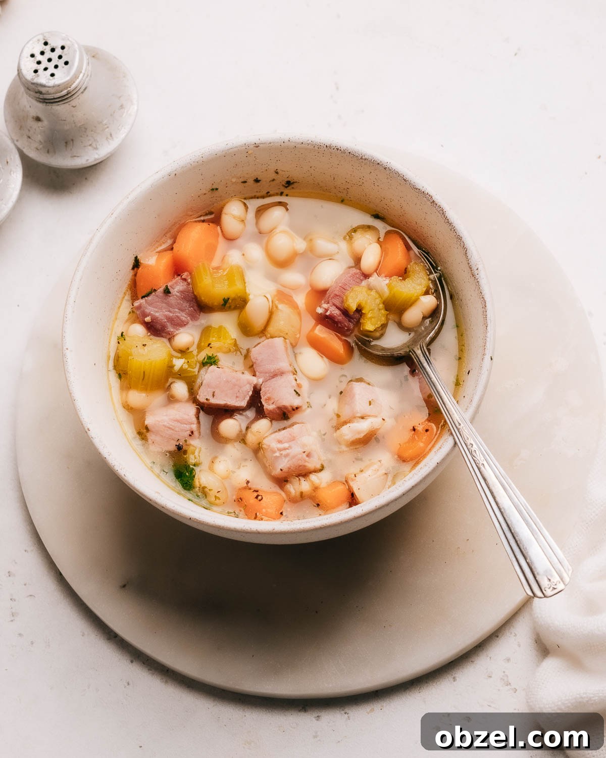 Ham bone soup with a spoon, salt, and pepper