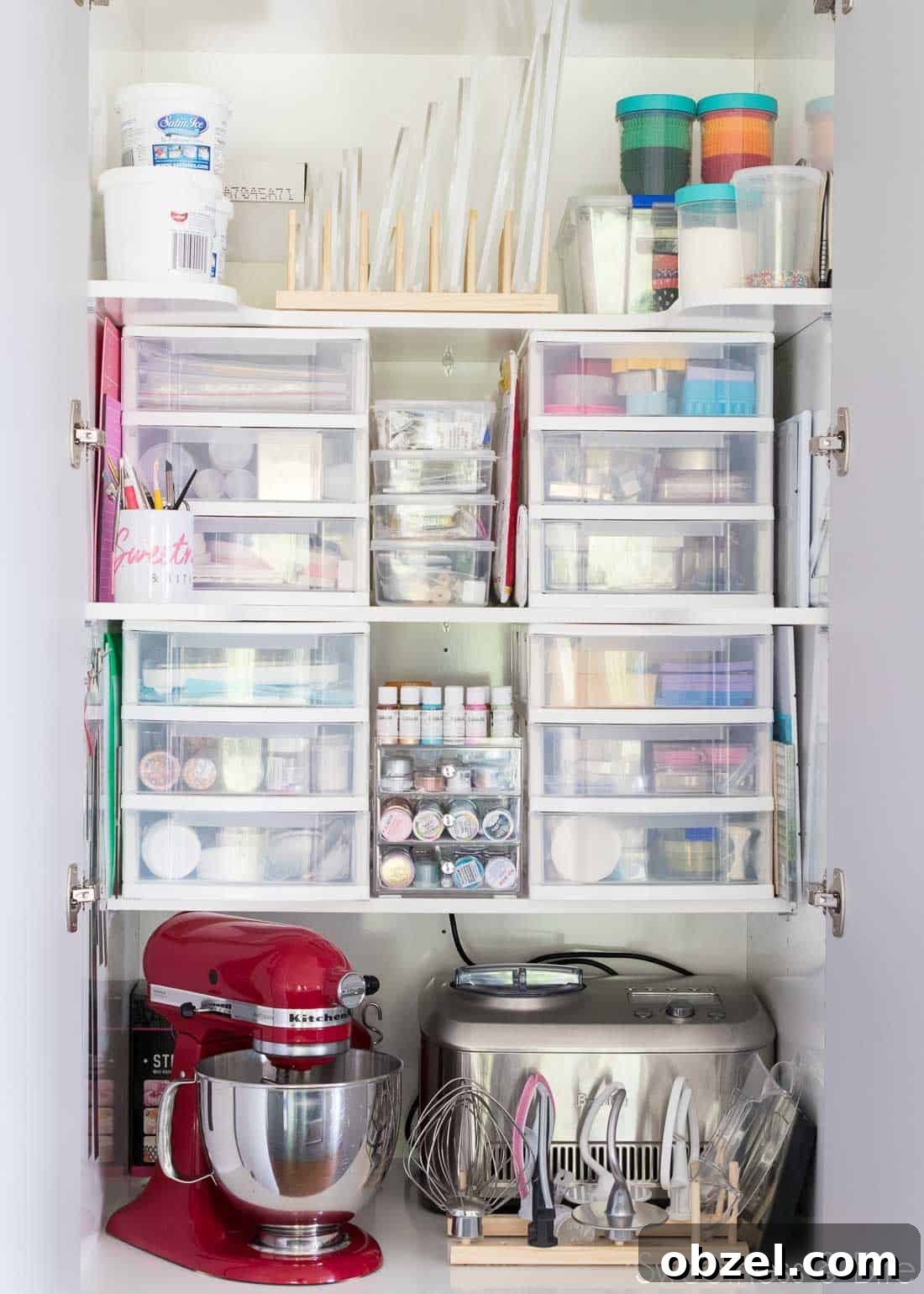 Kitchen Renovation and New Cake Pantry Reveal 21 Close up of the upper shelves of the cake pantry, with plastic drawers filled with tools, and a red Kitchen-Aid stand mixer.