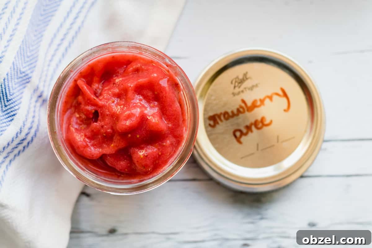 Homemade Strawberry Puree for Babies 8 strawberry puree in a mason jar with labeled lid