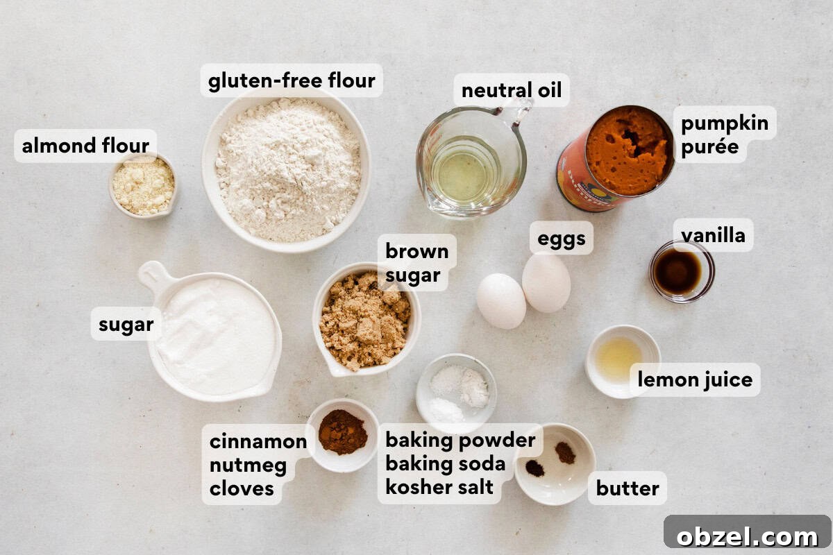 Gluten-free pumpkin cream cheese muffins ingredients on a countertop.