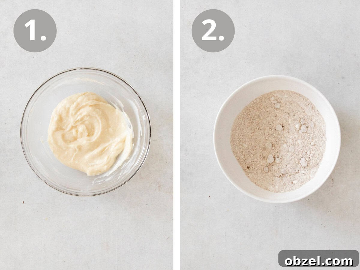 Gluten-free pumpkin cream cheese muffins side-by-side photo of instructions: cream cheese and sugar in a bowl and dry ingredients in a bowl.