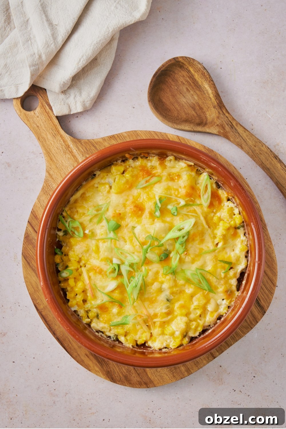 Jalapeno Corn Casserole with Cheddar 2 A dish of baked jalapeno corn casserole