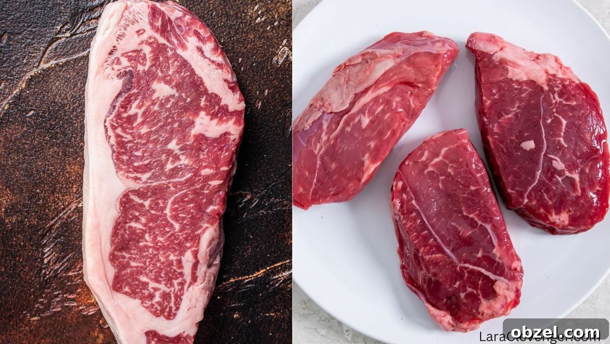 Raw marbled steak on the left, and three raw red meat cuts on a white plate on the right, showcasing the delectable choice in sirloin vs New York Strip.