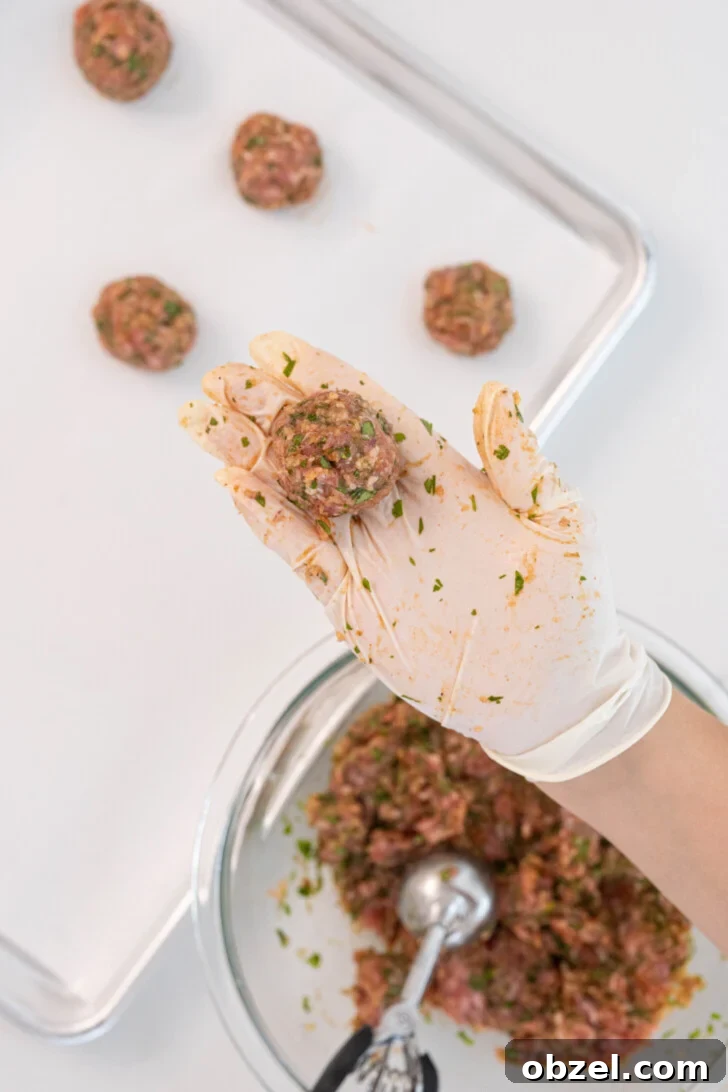 Tender Juicy Baked Moroccan Lamb Meatballs 7 A gloved hand holding a raw lamb meatball.