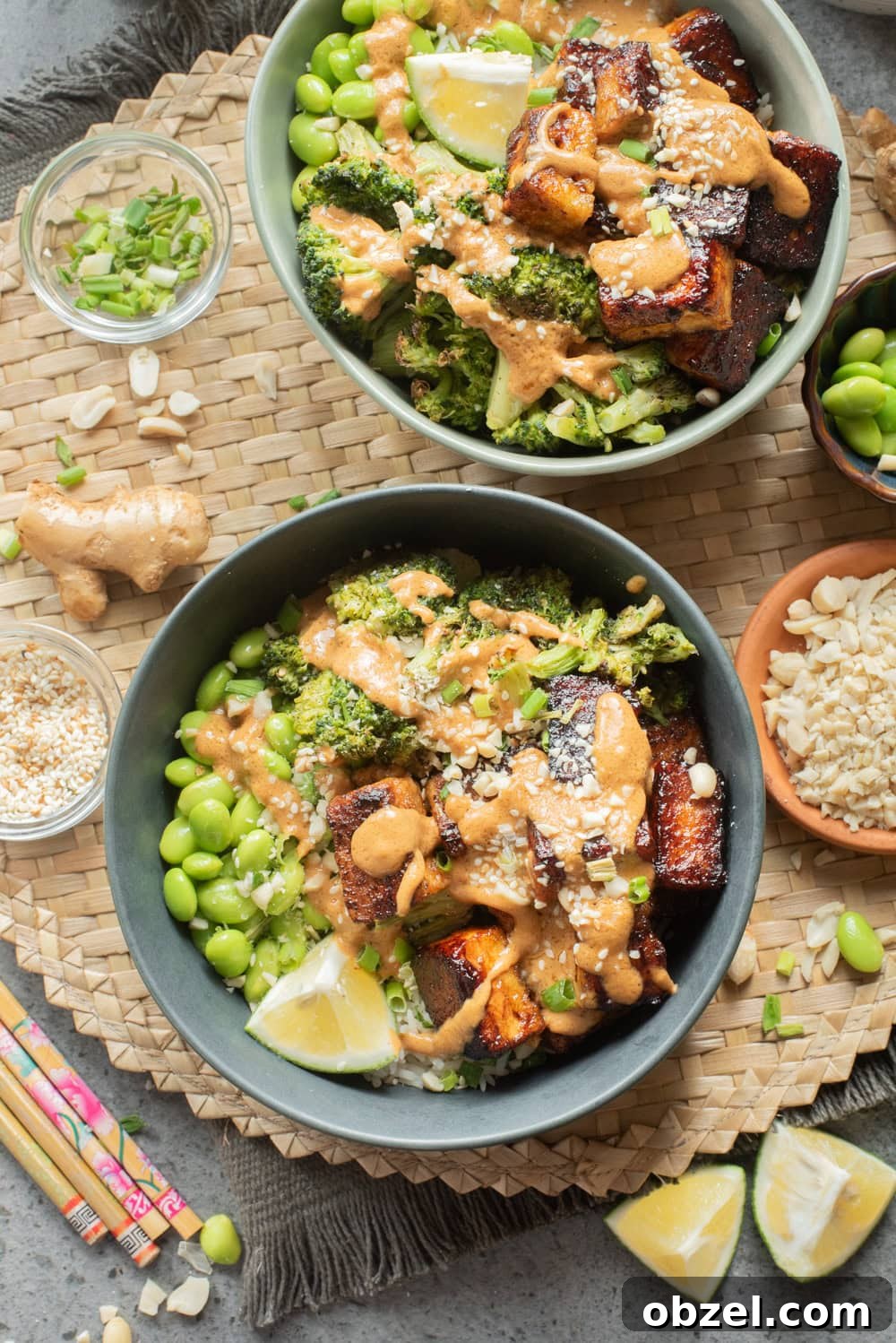 Crispy Thai Peanut Tofu Bowl 12 An overhead image of serving two bowls of crispy peanut tofu.