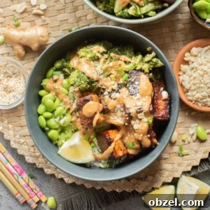 Crispy Thai Peanut Tofu Bowl 13 An overhead image of crispy peanut tofu bowl ready to be served.