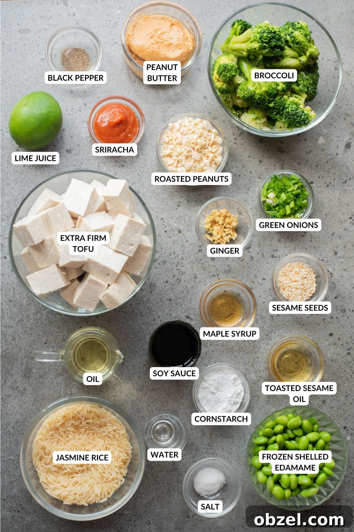 Crispy Thai Peanut Tofu Bowl 5 An overhead image of the ingredients of peanut tofu bowl.
