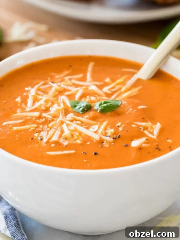 Homemade Sourdough Bread Recipe with Starter 15 White bowl of hearty homemade tomato soup garnished with parmesan cheese, fresh basil, and cracked black pepper.
