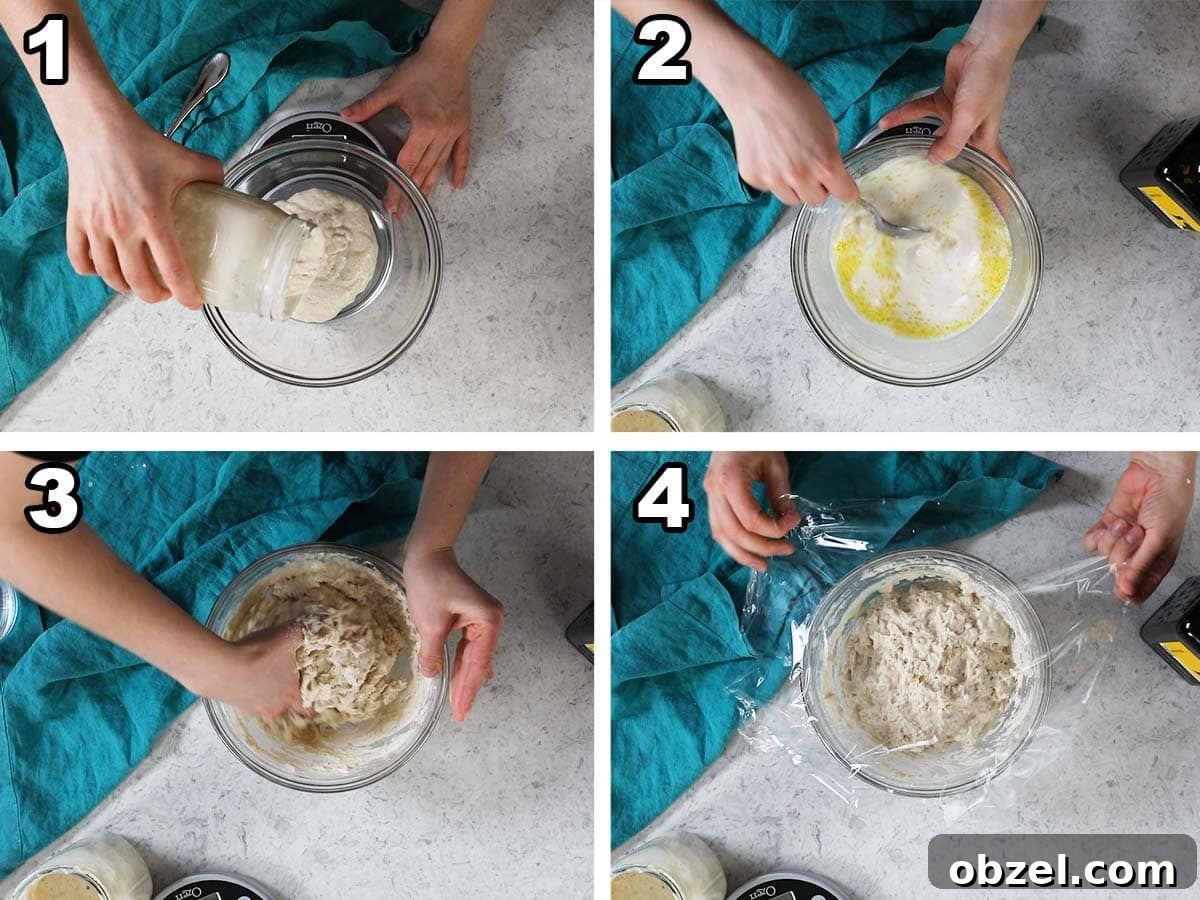 Homemade Sourdough Bread Recipe with Starter 5 Collage of four photos showing sourdough starter being combined with flour and water to create a dough.