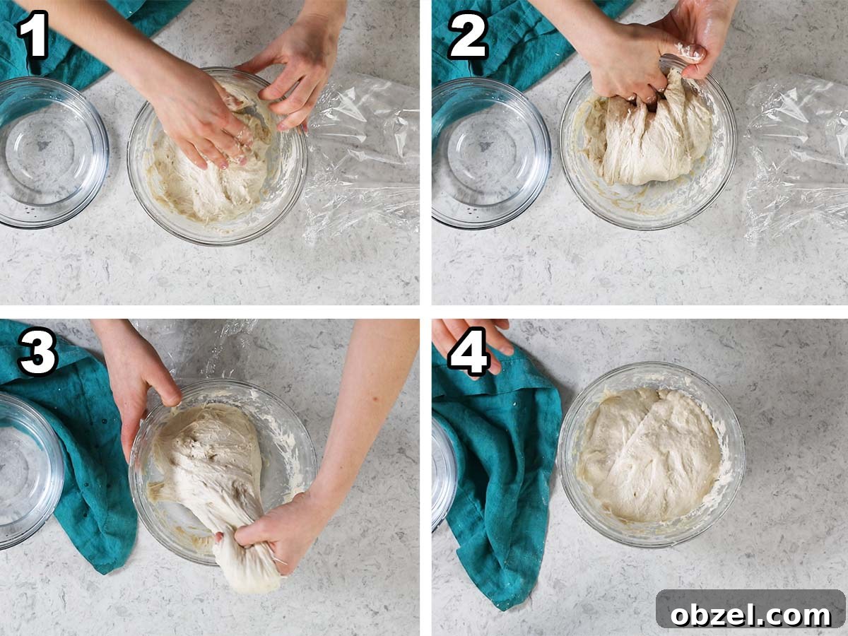 Homemade Sourdough Bread Recipe with Starter 6 Collage of four photos showing dough being lifted and folded while rising.