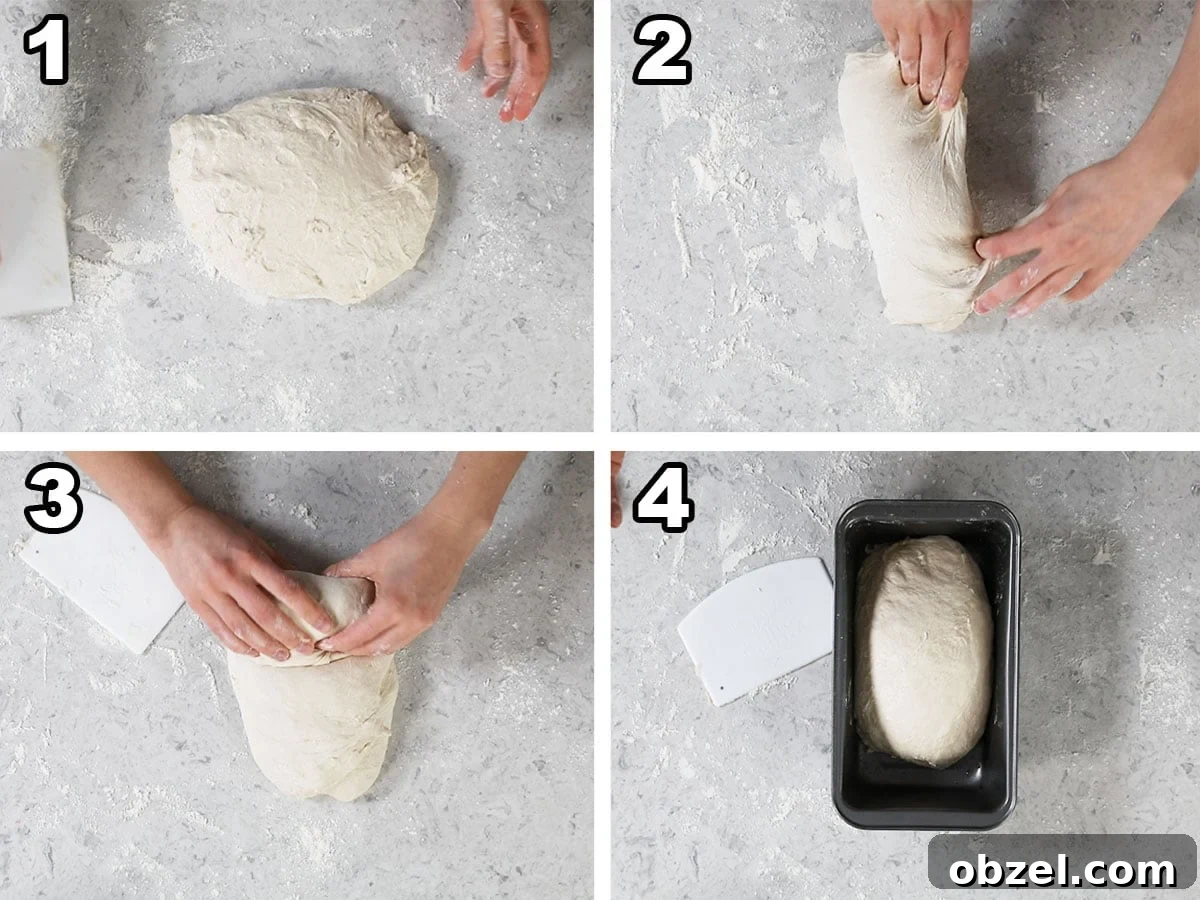Homemade Sourdough Bread Recipe with Starter 7 Collage of four photos showing dough being folded and formed into a loaf before being placed in a bread pan.