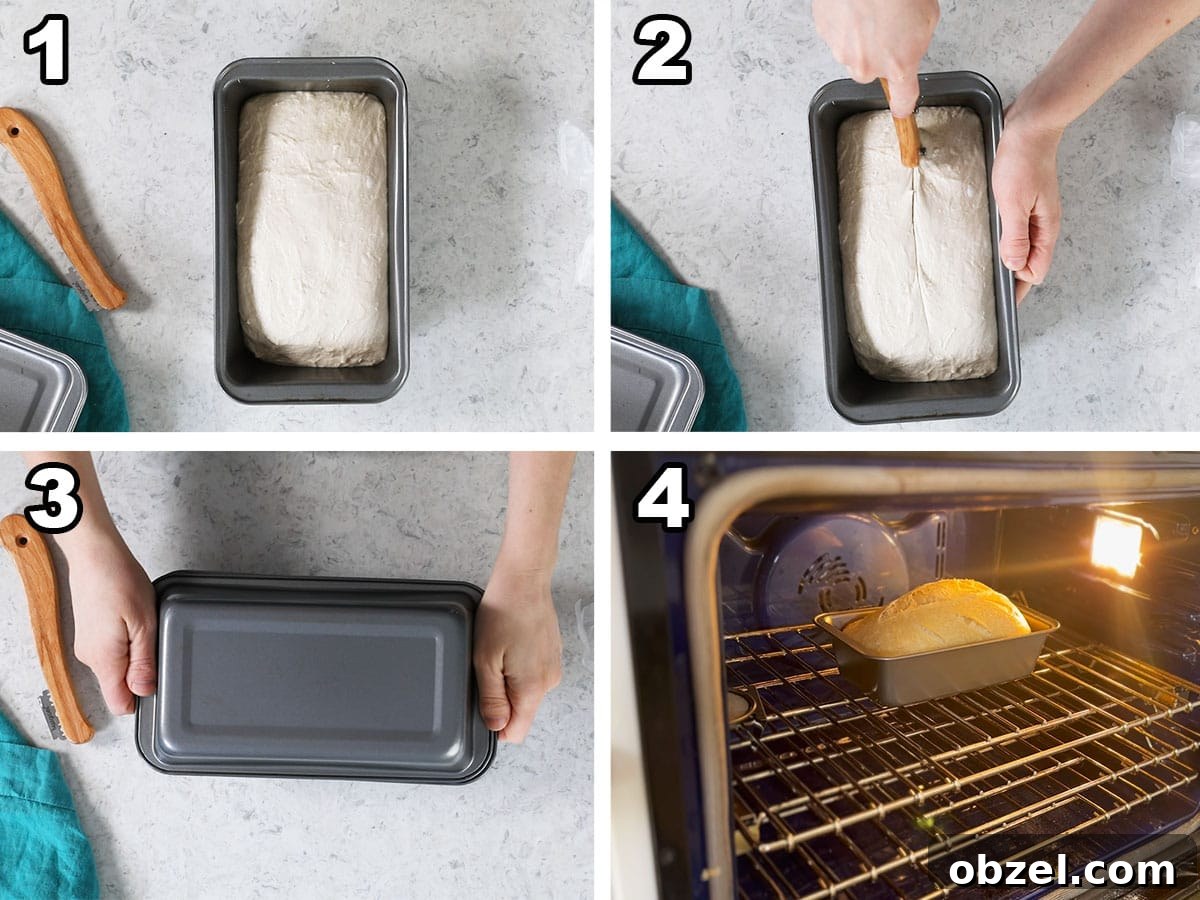 Homemade Sourdough Bread Recipe with Starter 8 Collage of four photos showing bread dough being scored before covering and baking.