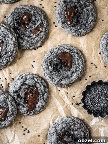Black sesame cookies with pools of melted chocolate on a brown parchment paper background.