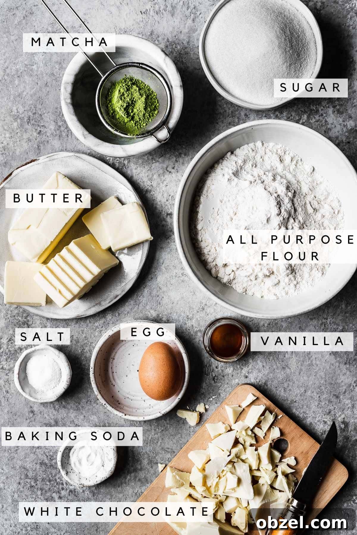 Matcha White Chocolate Cookies Recipe 3 Labeled ingredients for matcha chocolate chip cookies.