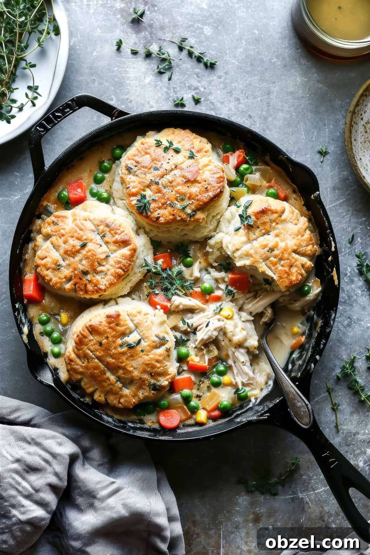 Turkey pot pie with a creamy vegetable filling and herb biscuit topping. Turkey pot pie with biscuits in a skillet.
