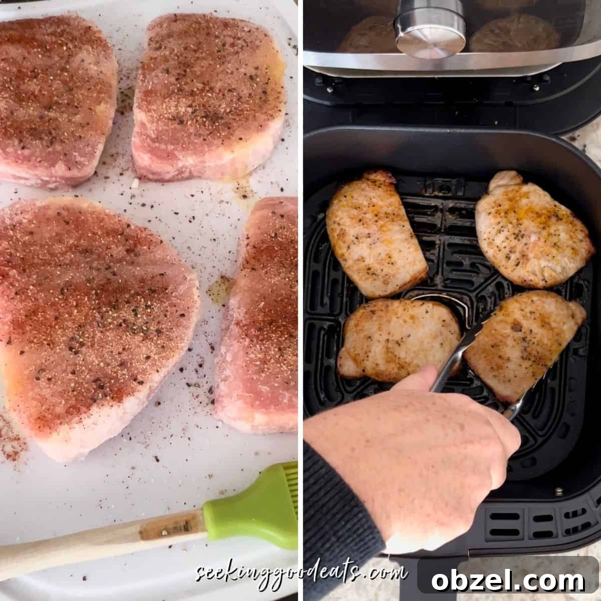 Step by step images for making frozen pork chops in air fryer.
