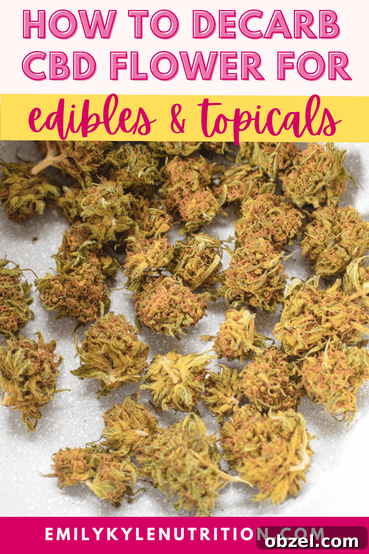 Decarboxylating CBD Flower: Lab-Tested Method and Results 2 Cannabis buds with Text stating: "how to decarb CBD flower".