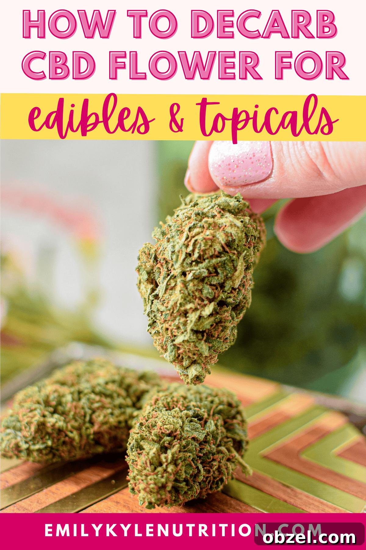 Decarboxylating CBD Flower: Lab-Tested Method and Results 12 Cannabis buds with Text stating: "how to decarb CBD flower".