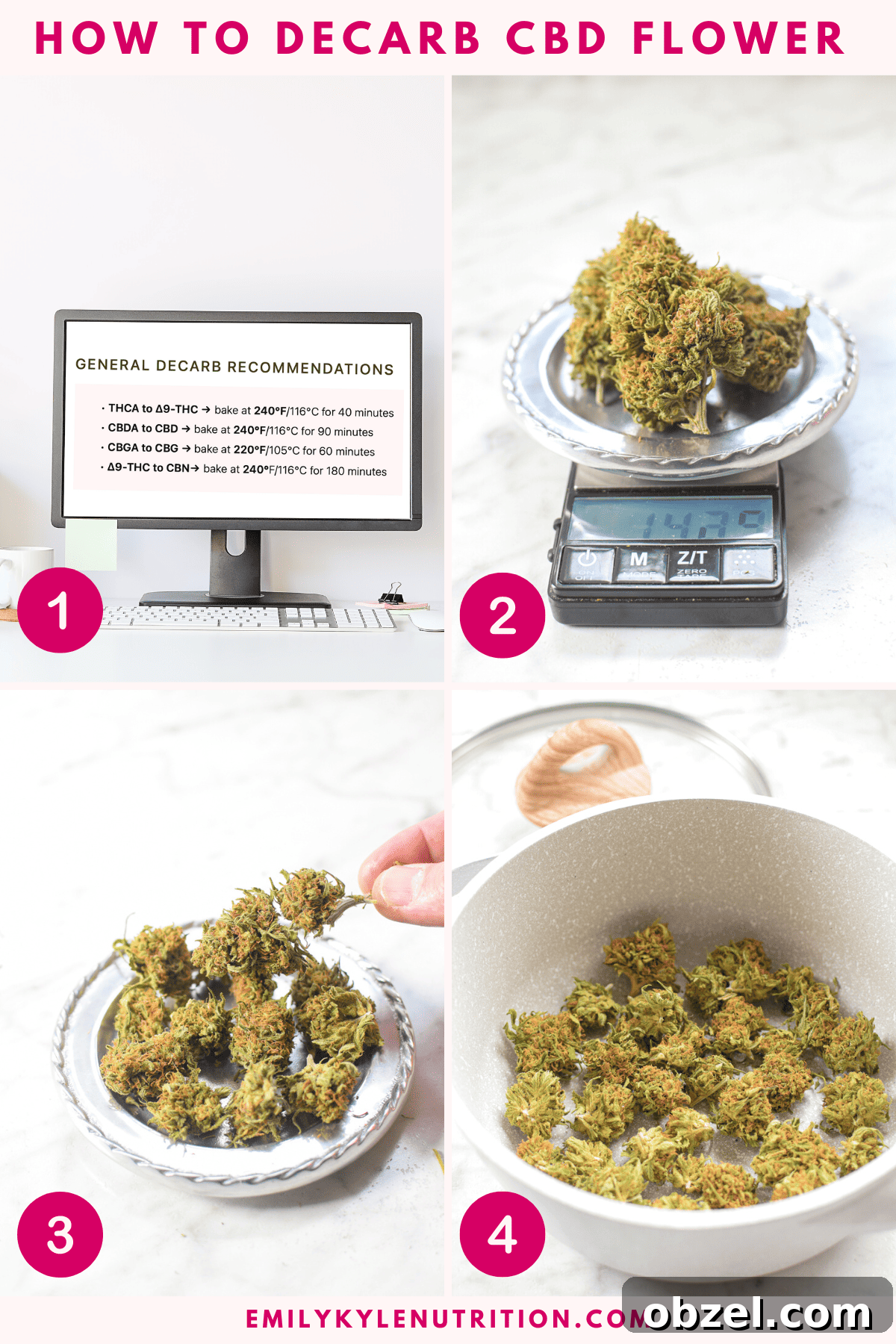 Decarboxylating CBD Flower: Lab-Tested Method and Results 5 A four step image collage showing how to decarb cbd flower.