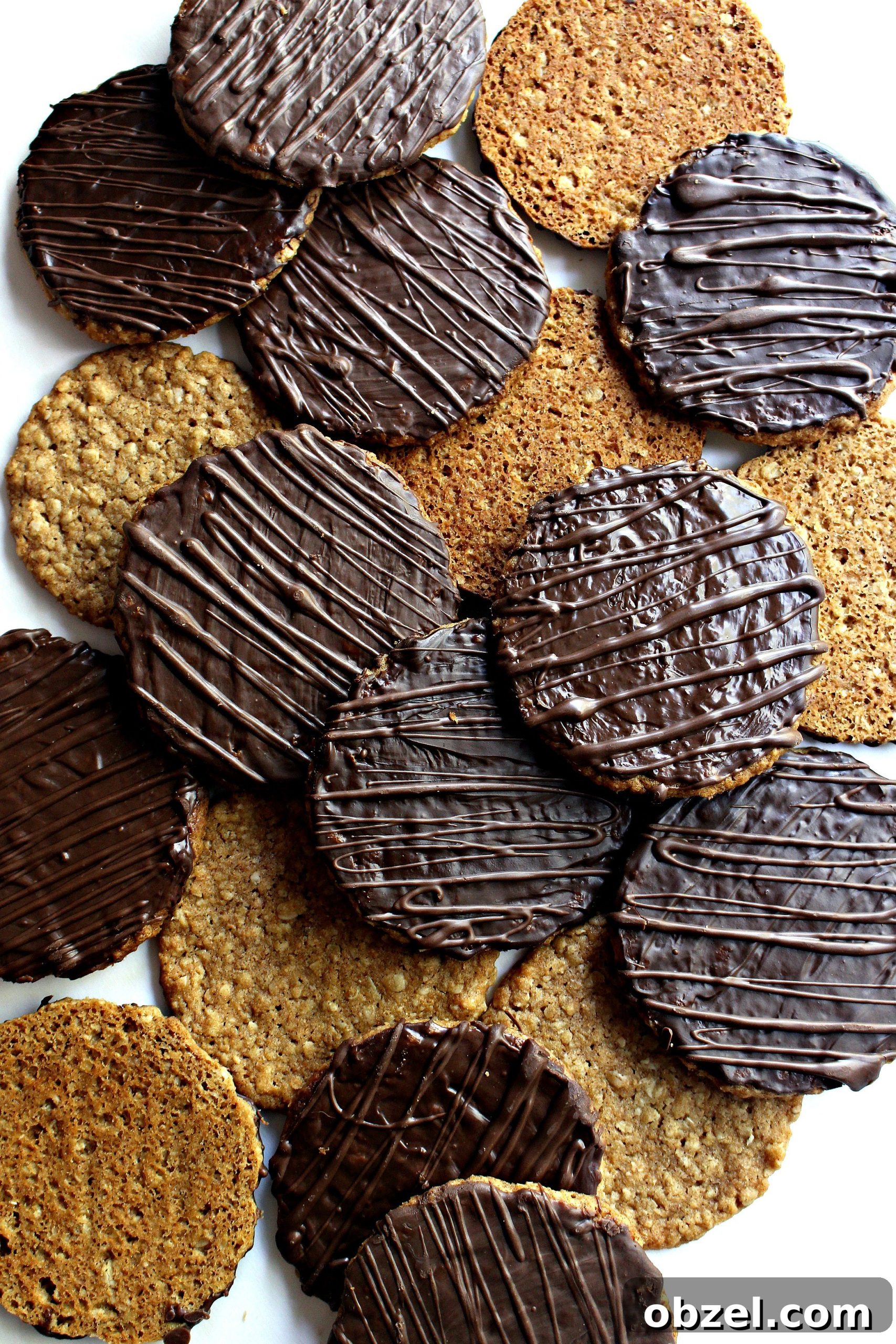Chocolate Covered Hobnob Oat Cookies Recipe 2 Hobnobs Oat Cookies scattered on a white surface, oat side or chocolate coated side facing up.