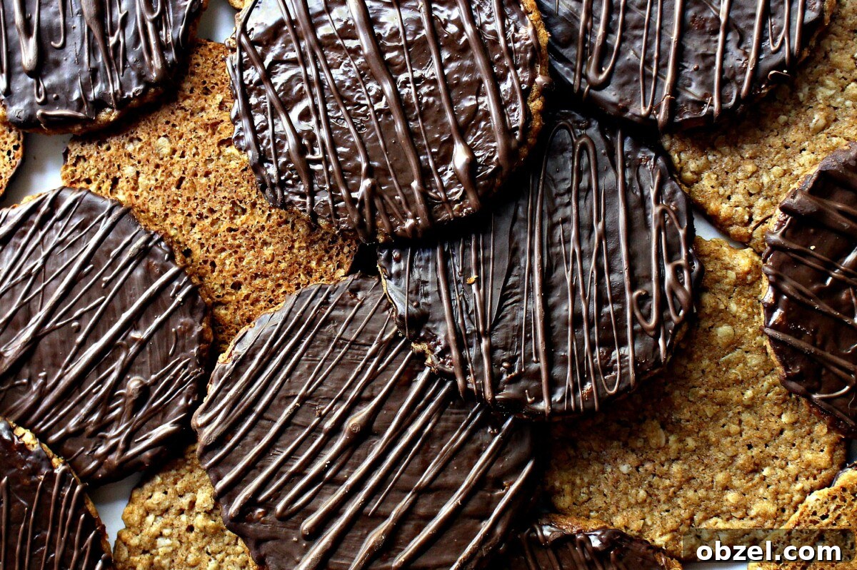 Chocolate Covered Hobnob Oat Cookies Recipe 3 Closeup of chocolate coating on cookies with zigzags of chocolate on top.