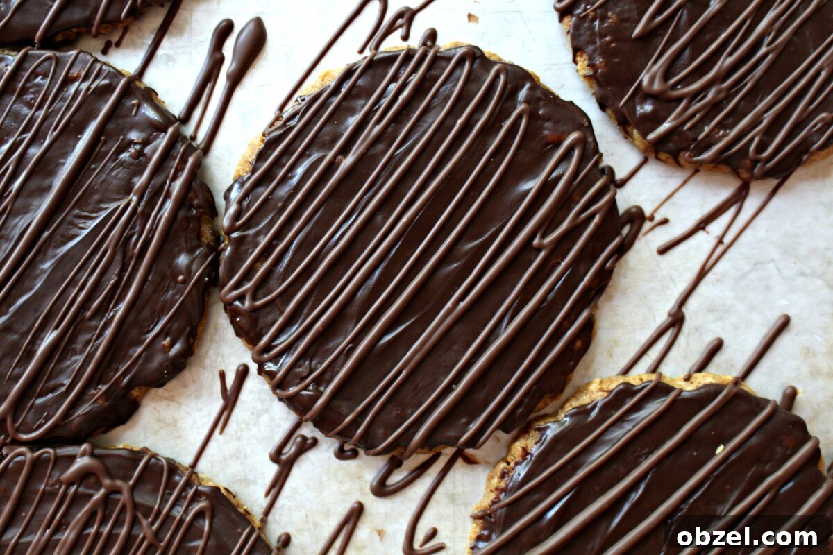 Chocolate Covered Hobnob Oat Cookies Recipe 5 Cookies covered in chocolate then additional chocolate is zigzaged over the top.