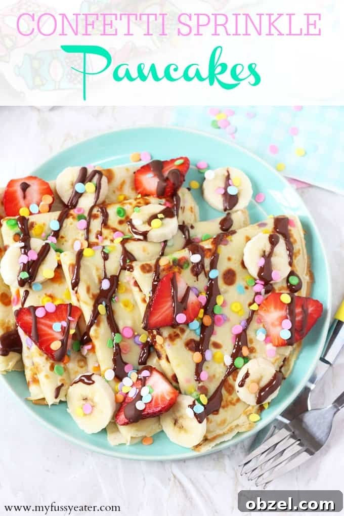 Confetti Sprinkle Pancakes Recipe: Fluffy Party Pancake Stack 8 Pancakes made super fun for kids with confetti sprinkles and topped with bananas, strawberries and chocolate! My Fussy Eater blog