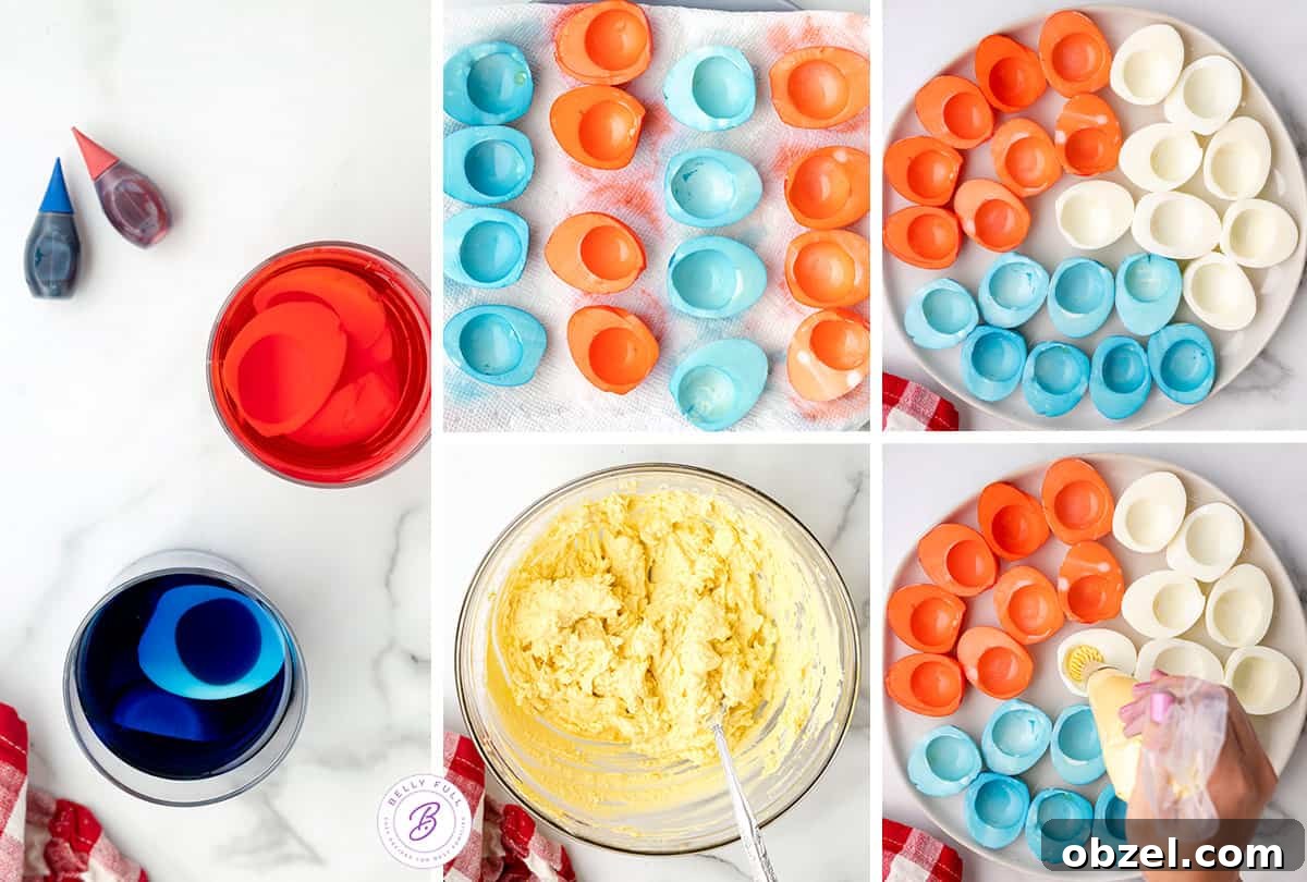 5 picture collage how to make colored deviled eggs