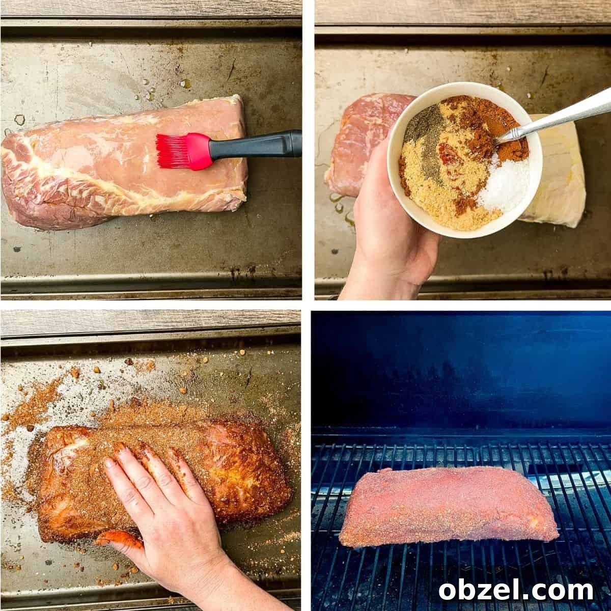 Smoked Pulled Pork Loin on a Traeger Grill 4 A collage of four photos showing how to prepare the pork loin to get it on the smoker.