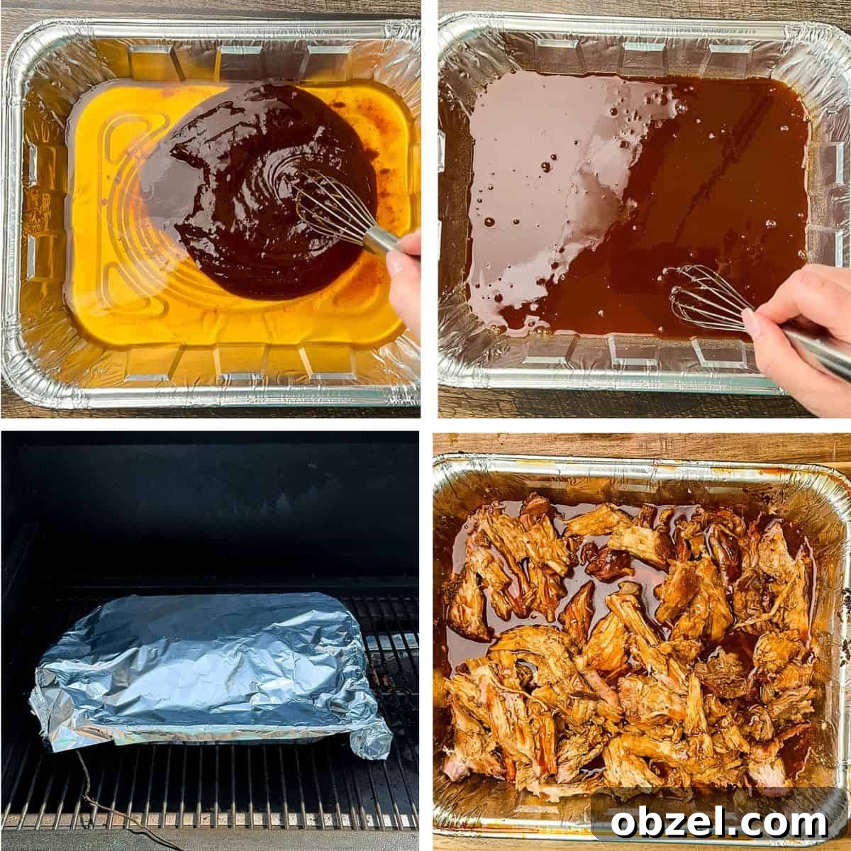 Smoked Pulled Pork Loin on a Traeger Grill 5 A collage of four photos showing how to prepare the sauce, then wrap the loin with foil, then shred it in the foil pan.