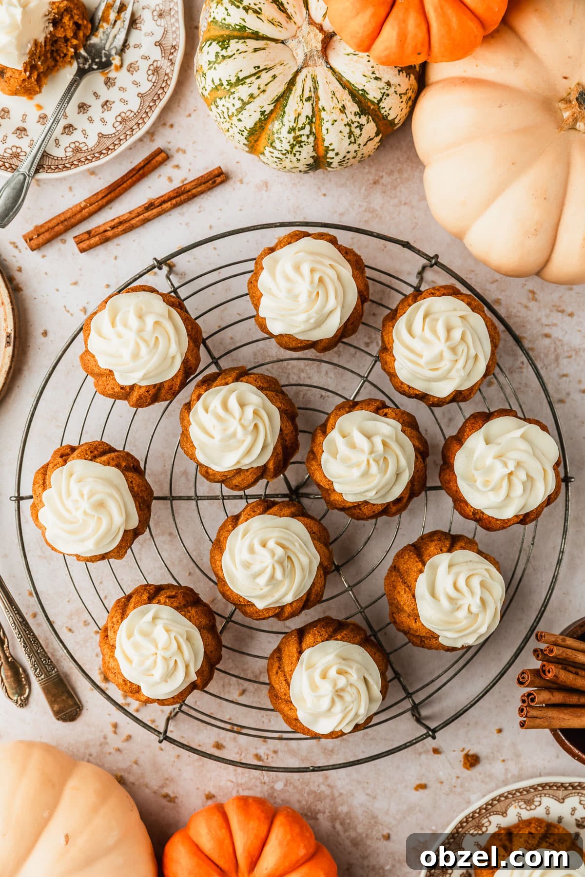 Pumpkin Spice Mini Bundt Cakes 17 A wire rack of pumpkin mini bundt cakes with cream cheese frosting on a tan marble counter next to brown plates of cake, cinnamon sticks, and pumpkins.