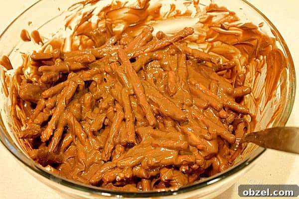 Mix pretzels into coated chocolate. Mix pretzels into coated chocolate.
