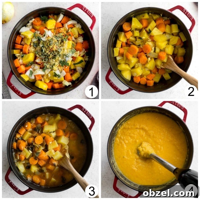 Vegan Golden Beet Soup with Carrot and Ginger 4 Collage of photos demonstrating how golden beet soup is made in one pot.