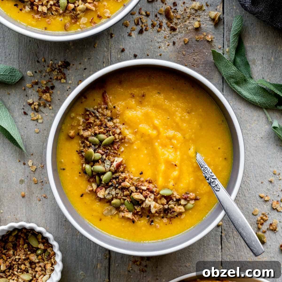 Vegan Golden Beet Soup with Carrot and Ginger 8 Overhead of golden beet soup in a bowl with savory granola on top.