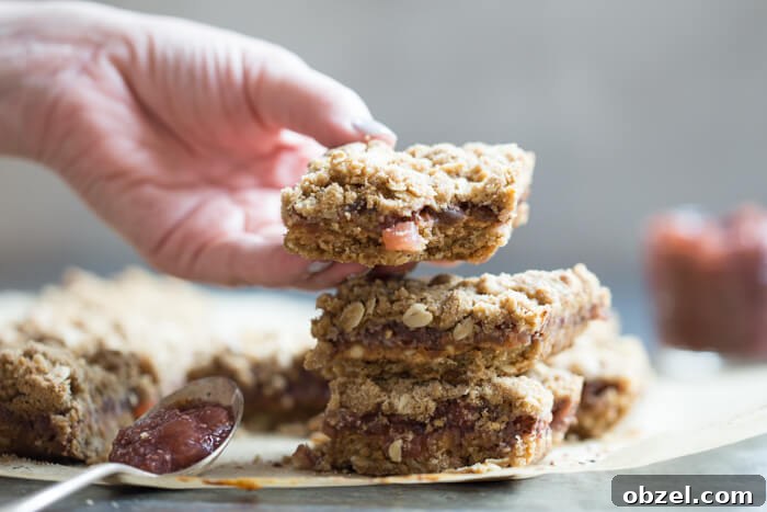 Baked PBJ Crumble Bars with oat topping and watermelon chia jam