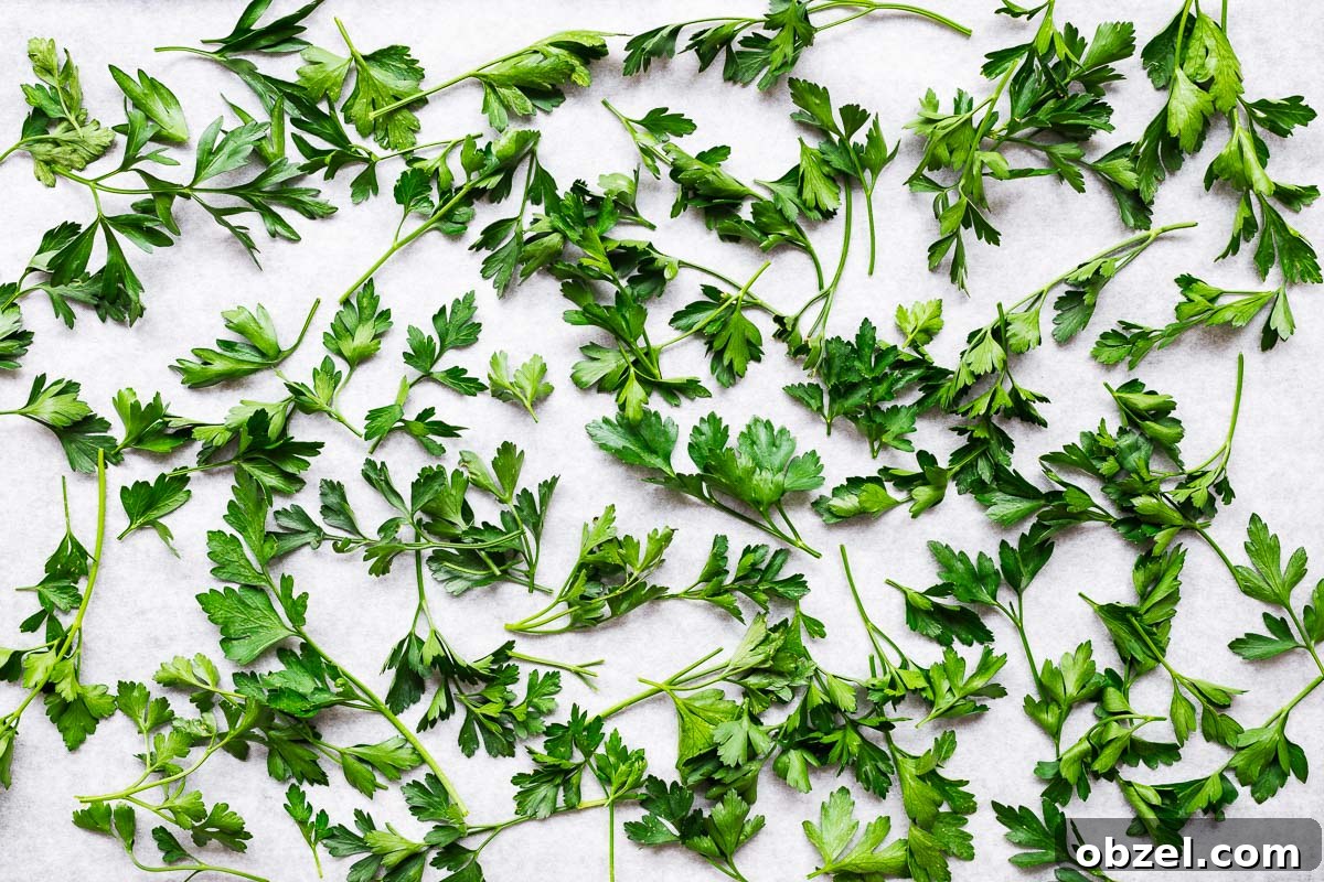 How to Dry Parsley in the Oven for Crisp, Flavorful Herbs 5 Fresh parsley leaves and stems on parchment paper viewed from above.