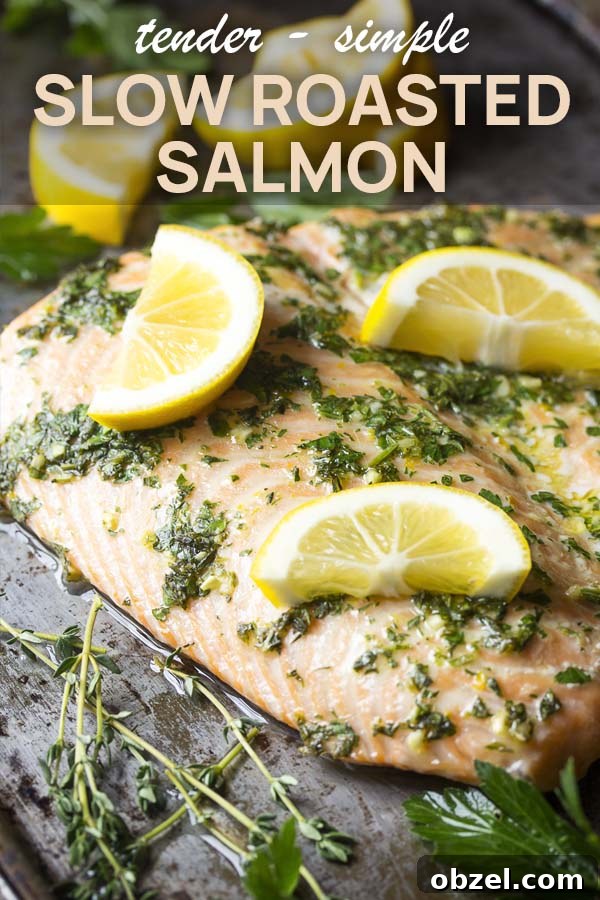 Slow roasted salmon on a platter. Salmon on a platter and a plate with text overlay - Slow Roasted Salmon
