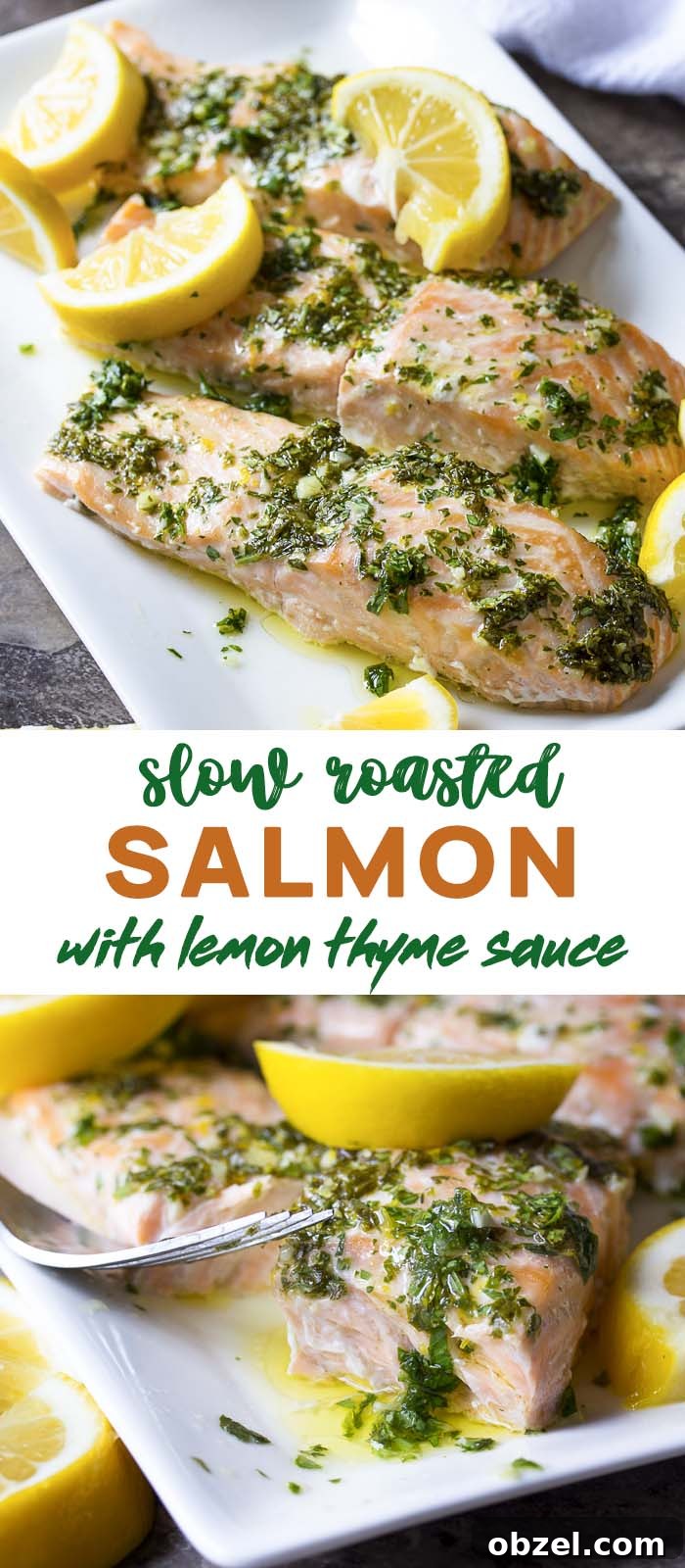 Herbed slow roasted salmon on a baking sheet. Herbed salmon on a baking sheet with text overlay - Slow Roasted Salmon